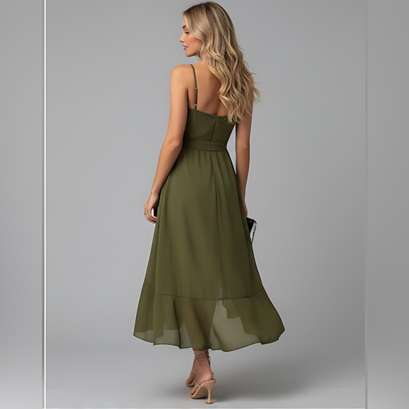 Ruffle Trim Spaghetti Strap Dress Green - Picture 4 of 10